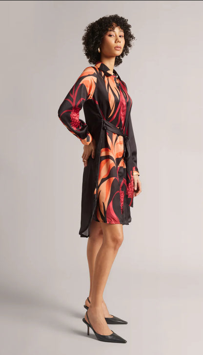 Black Satin Abstract Button Down Dress