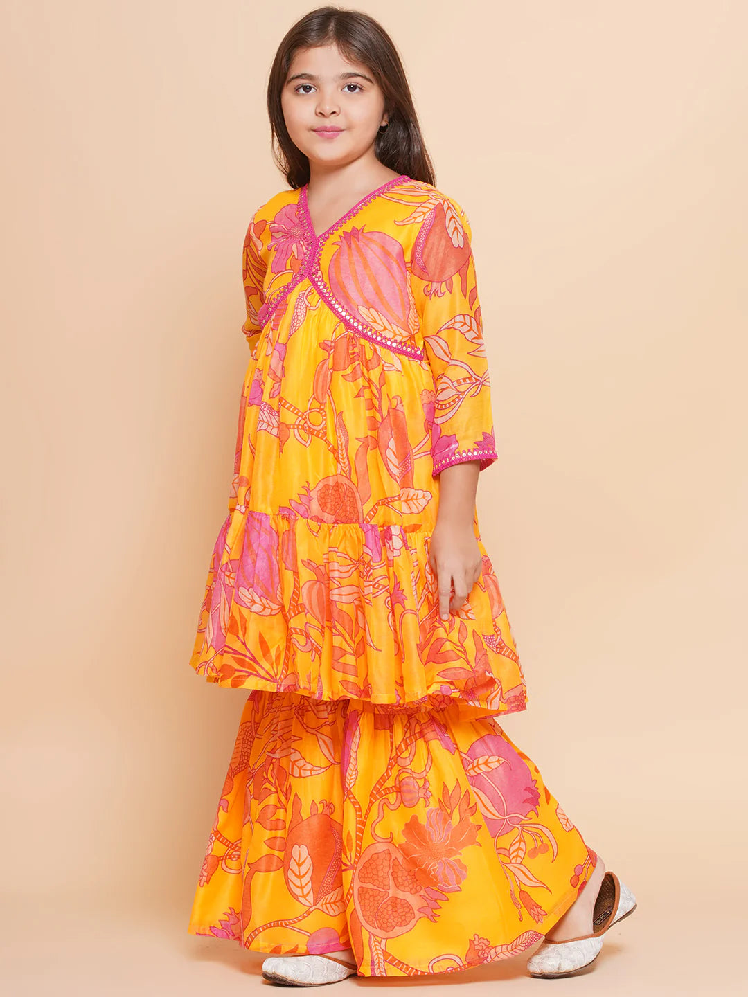 Girls Yellow Floral Printed Alia Design Kurta With Sharara