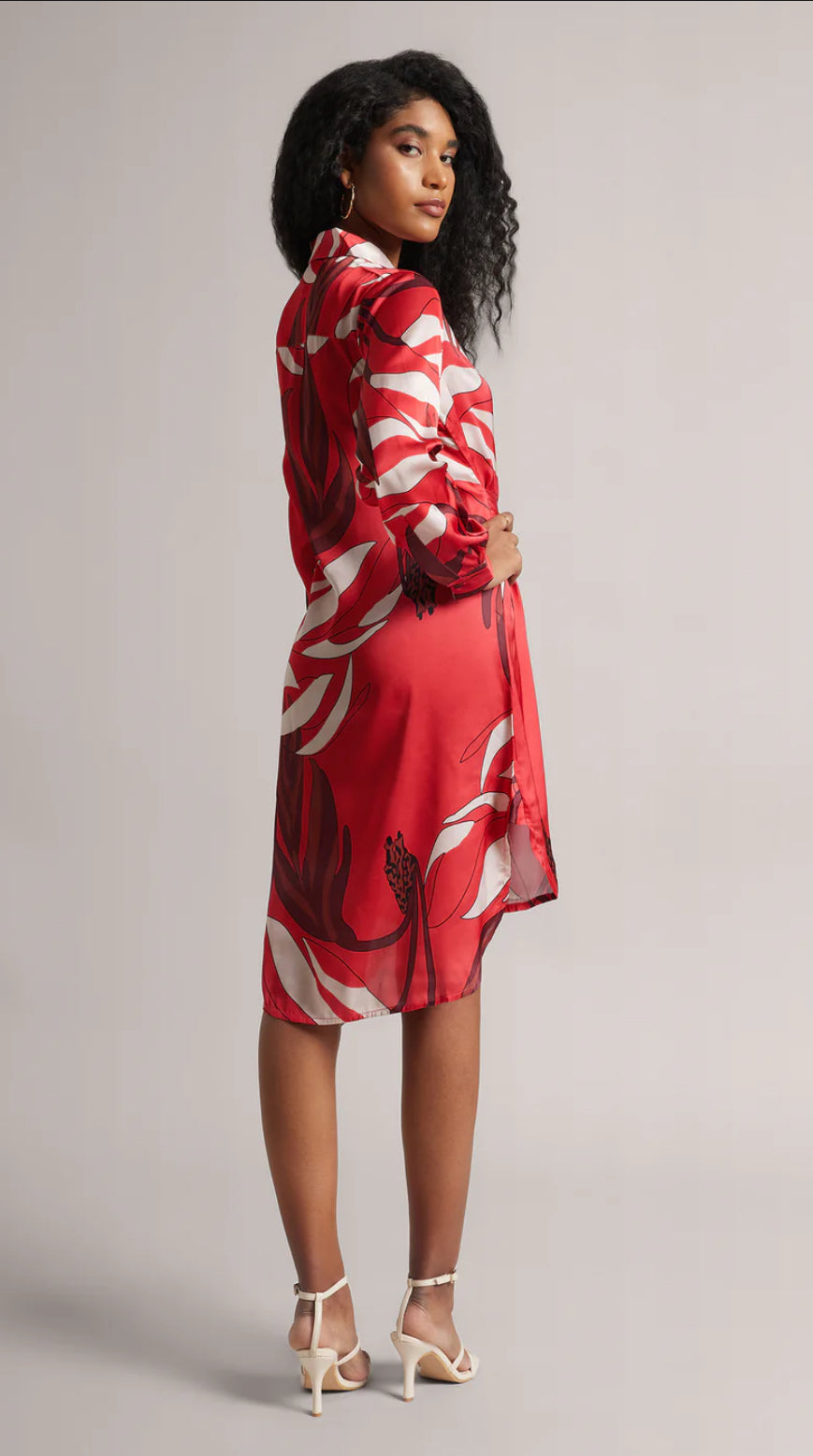 Red Satin Abstract Button Down Dress