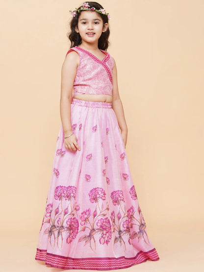 Girls Pink & Lavender Printed Ready to Wear Lehenga with Blouse