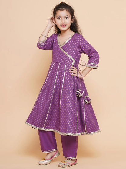 Girls Purple Ethnic Motifs foil Printed Angrakha Kurta with Trouser & Dupatta