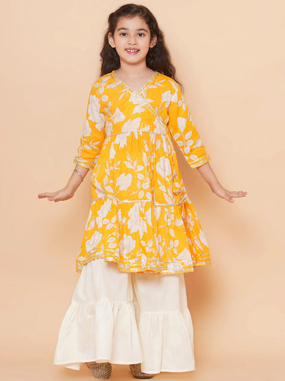 Girls Yellow Floral Printed Angrakha Gotta Patti Kurta With Sharara