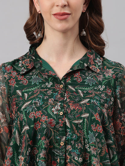 Green Poly Georgette Floral Print Regular Top