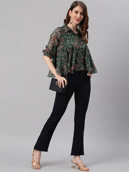 Green Poly Georgette Floral Print Regular Top