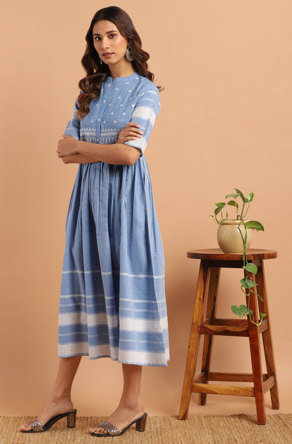 Women's Blue Cotton Floral Flared Western Dress