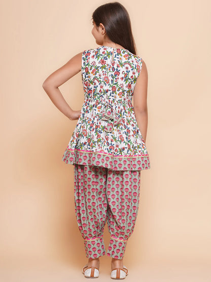 Girls Off white Printed Short Kurta with Afgani Salwar.