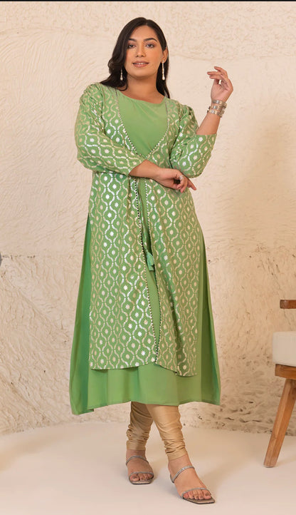 Light Green Crepe Foil Printed A-Line Kurta