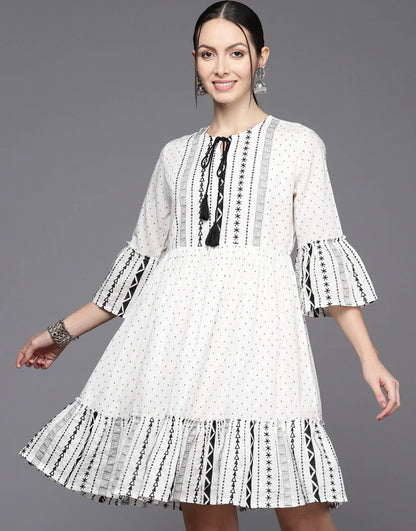 White Printed Tie-Up Neck Bell Sleeves A-Line Dress