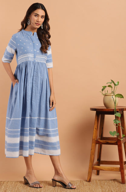 Women's Blue Cotton Floral Flared Western Dress