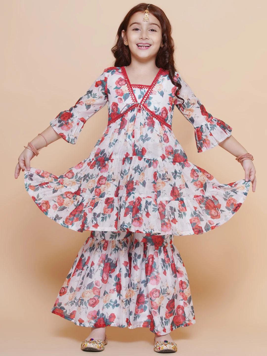 Girls Red Rose Printed Kurta with Sharara