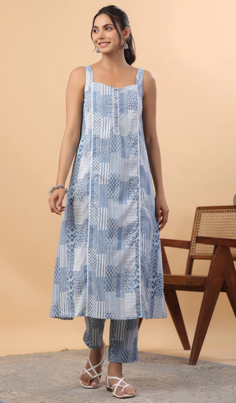 Blue Cotton Ethinc Motifs A-Line Kurta Set