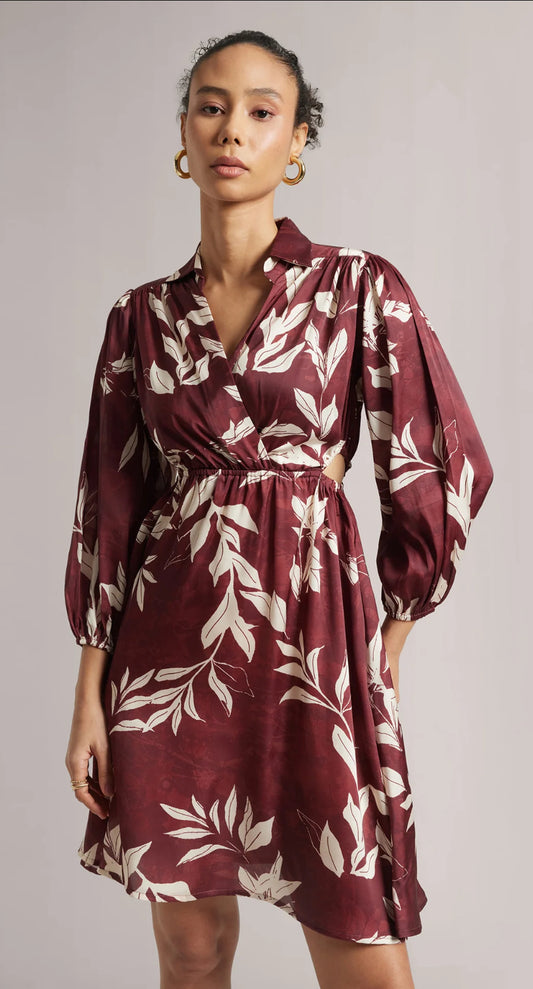 Brown Satin Abstract Side Cut-Out Dress