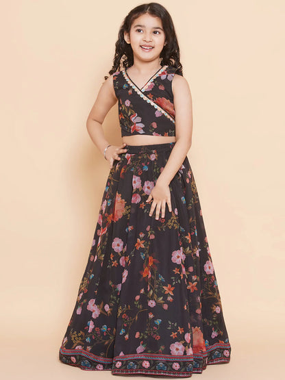 Girls Black Georgette Printed Lace Work Choli Ready To Wear Lehenga