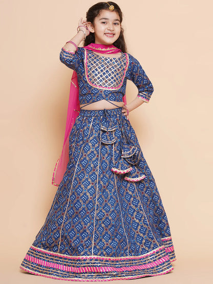 Girls Blue & Pink Printed Ready To Wear Lehenga & Blouse With Dupatta