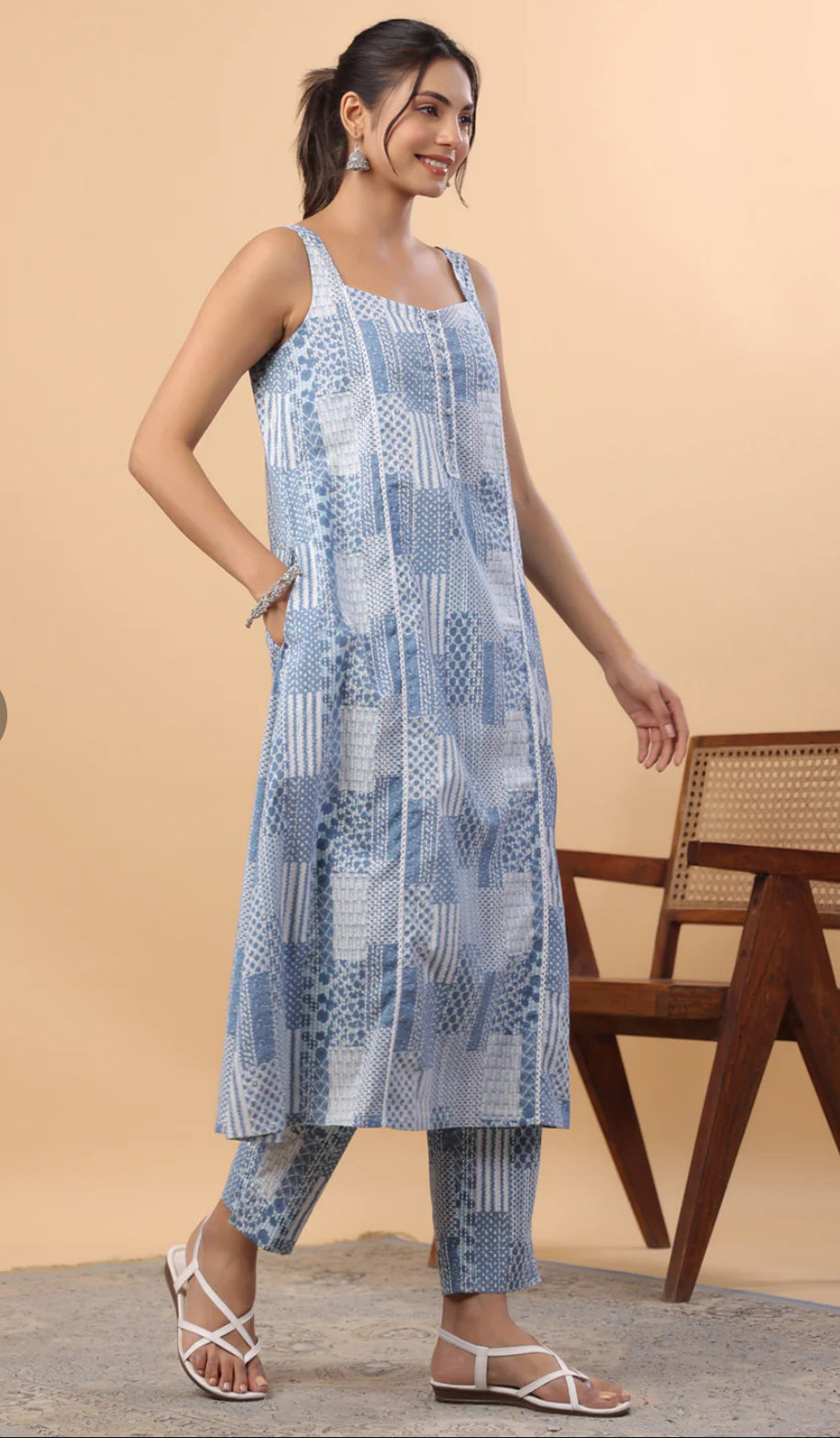 Blue Cotton Ethinc Motifs A-Line Kurta Set