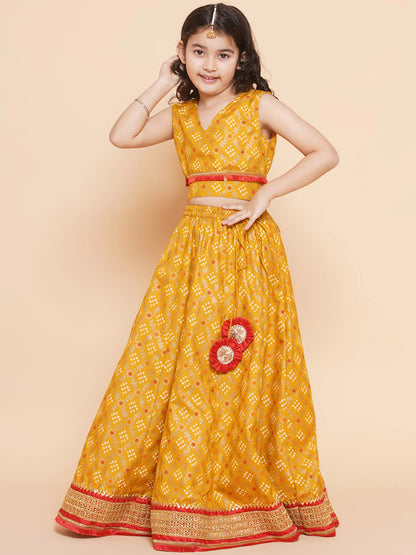 Girls Yellow Mustard Bandhej Printed Lace Work Lehanga,Choli With Dupatta.