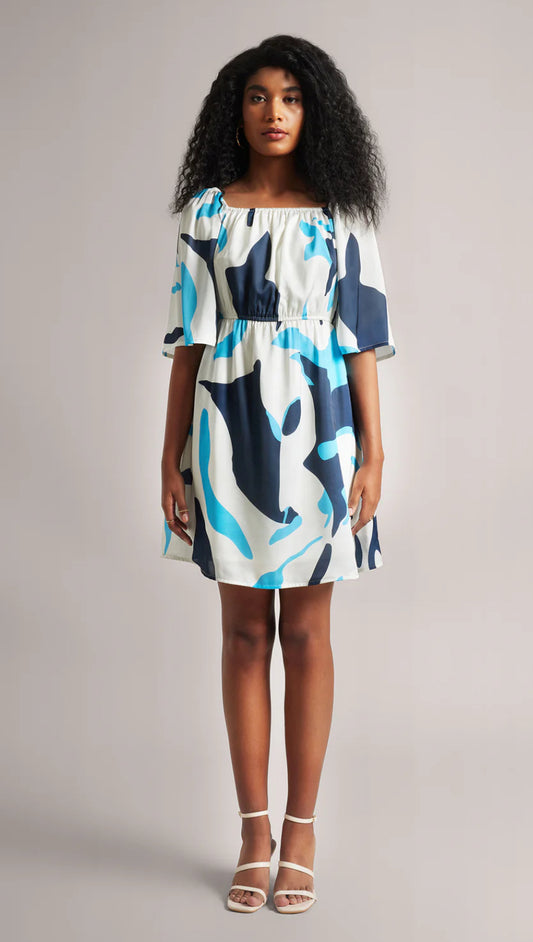 Off White Satin Abstract Back Cut-Out Dress