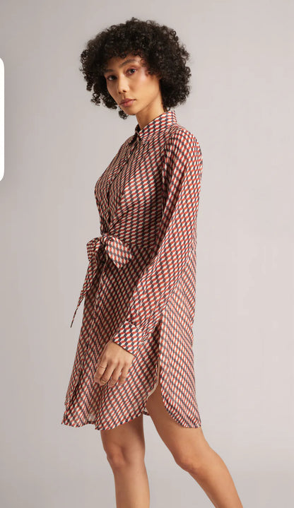 Brown Georgette Geometric Button Down Dress