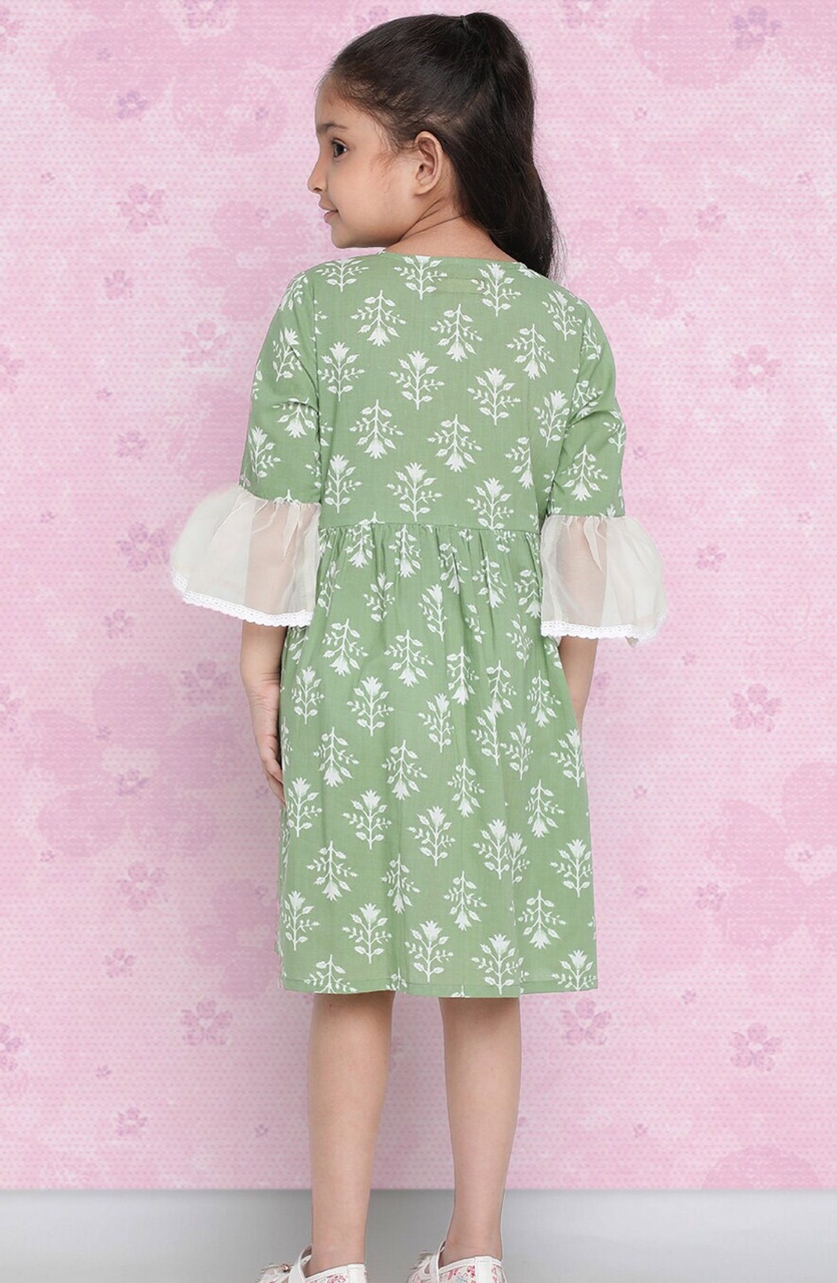 Girls Green Floral Printed Bell Sleeve Cotton A-Line Dress