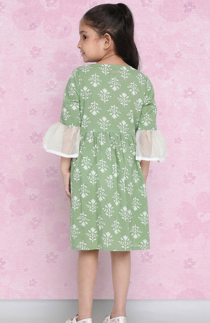 Girls Green Floral Printed Bell Sleeve Cotton A-Line Dress