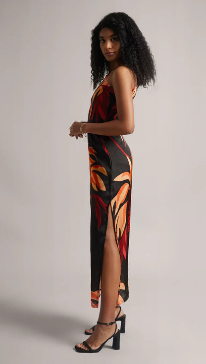 Black Satin Abstract Side Slit Maxi Dress