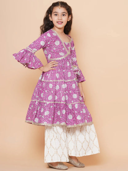 Girls Purple Printed Kurta with Sharara