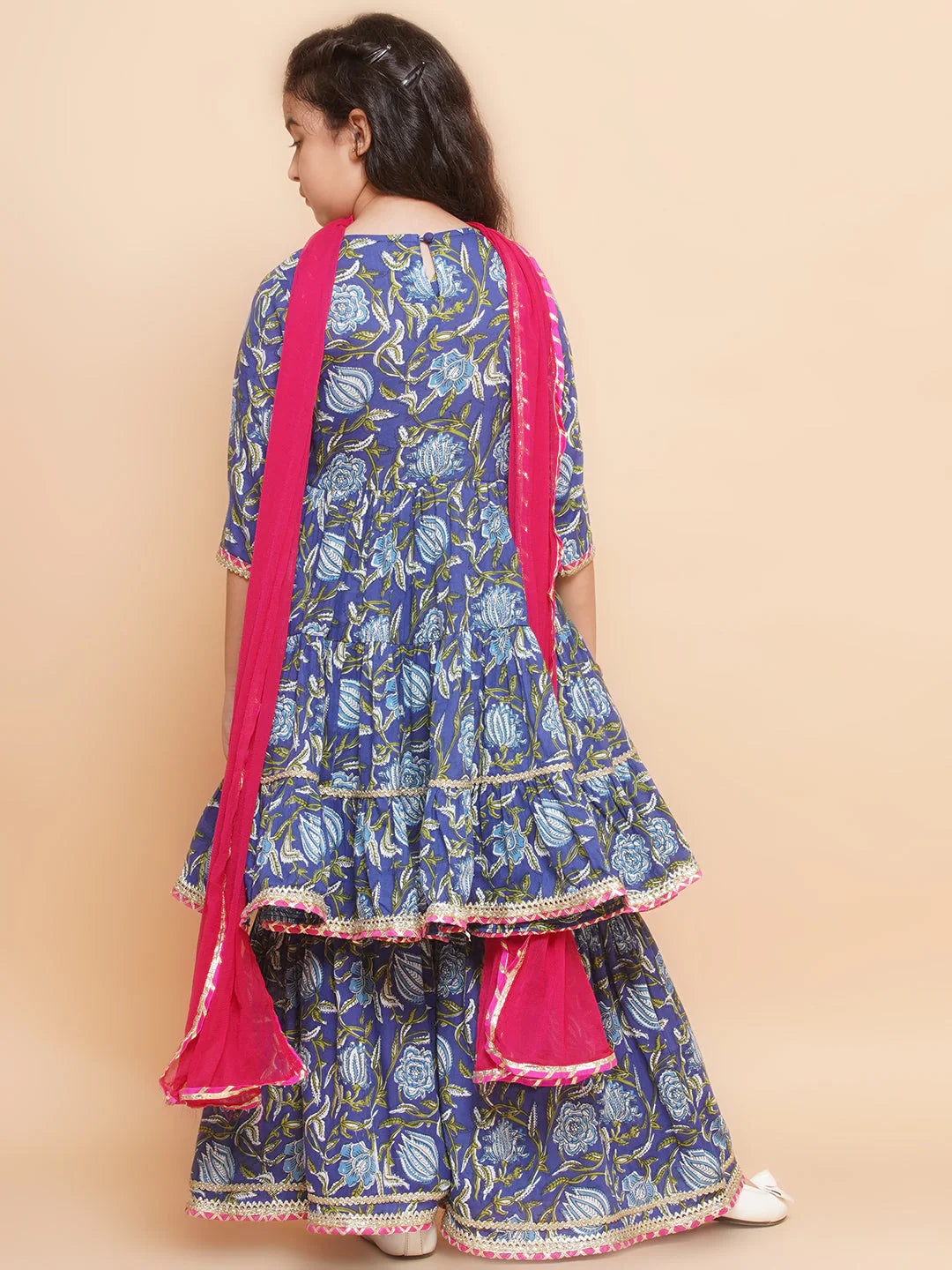 Girls Blue Floral Printed Round- Neck Kurta with Sharara with Dupatta