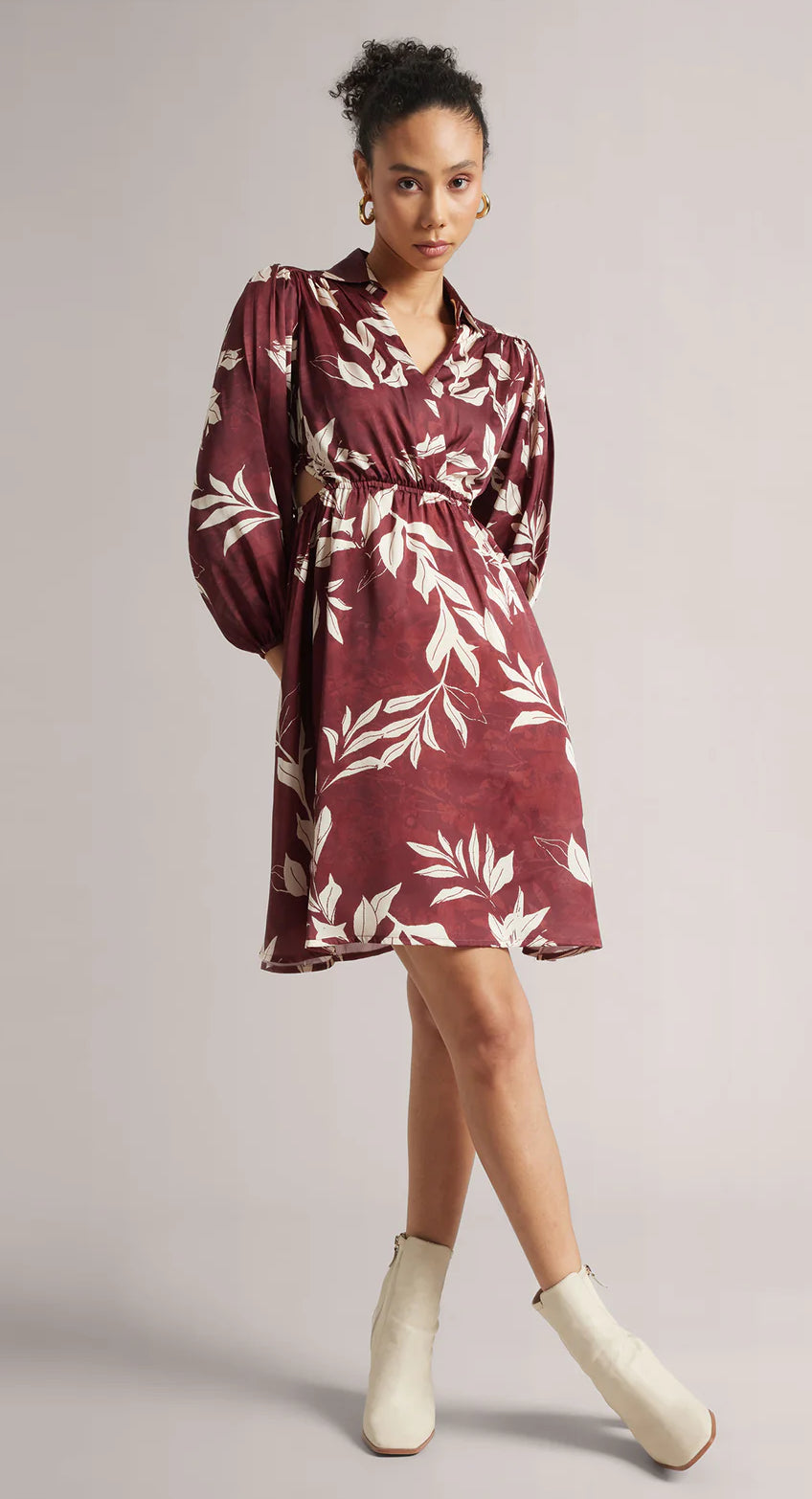 Brown Satin Abstract Side Cut-Out Dress