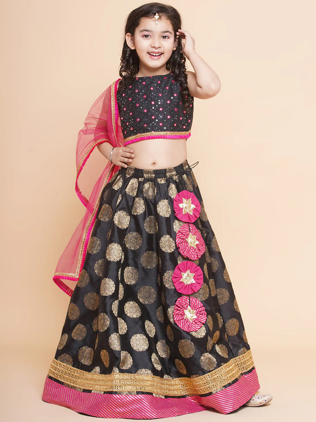 Girls Black & Gold-Toned Embroidered Ready To Wear Lehenga & Blouse With Dupatta