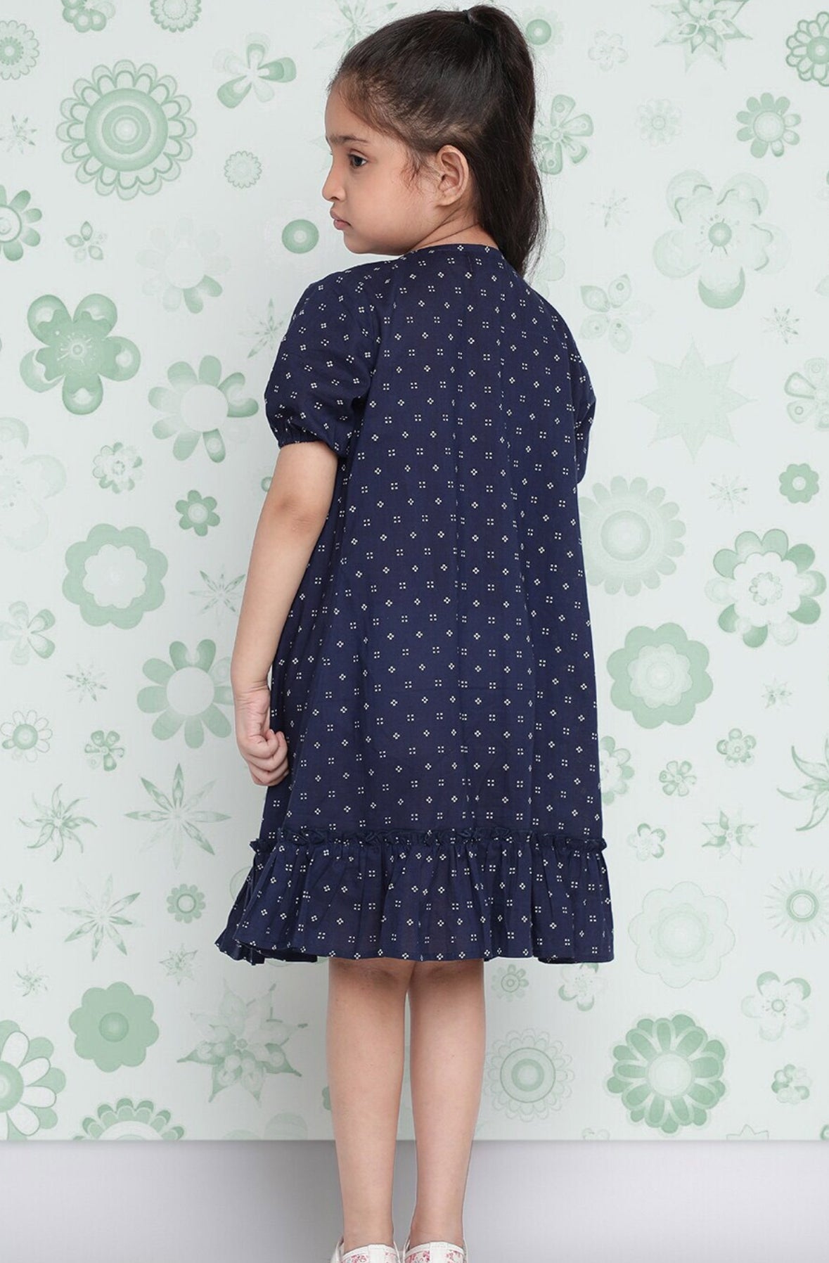 Girls Navy Blue Polka Dot Printed Cotton Ruffled Drop-Waist Dress