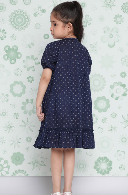 Girls Navy Blue Polka Dot Printed Cotton Ruffled Drop-Waist Dress