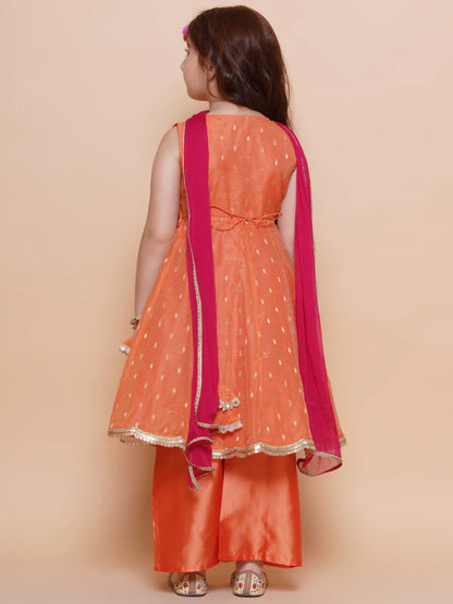 Girls Peach Orange booti Angrakha Gotta Patti Kurta & Trousers set With Dupatta