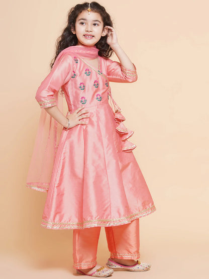 Girls Embroidered Angrakha Kurta with Trousers & Dupatta