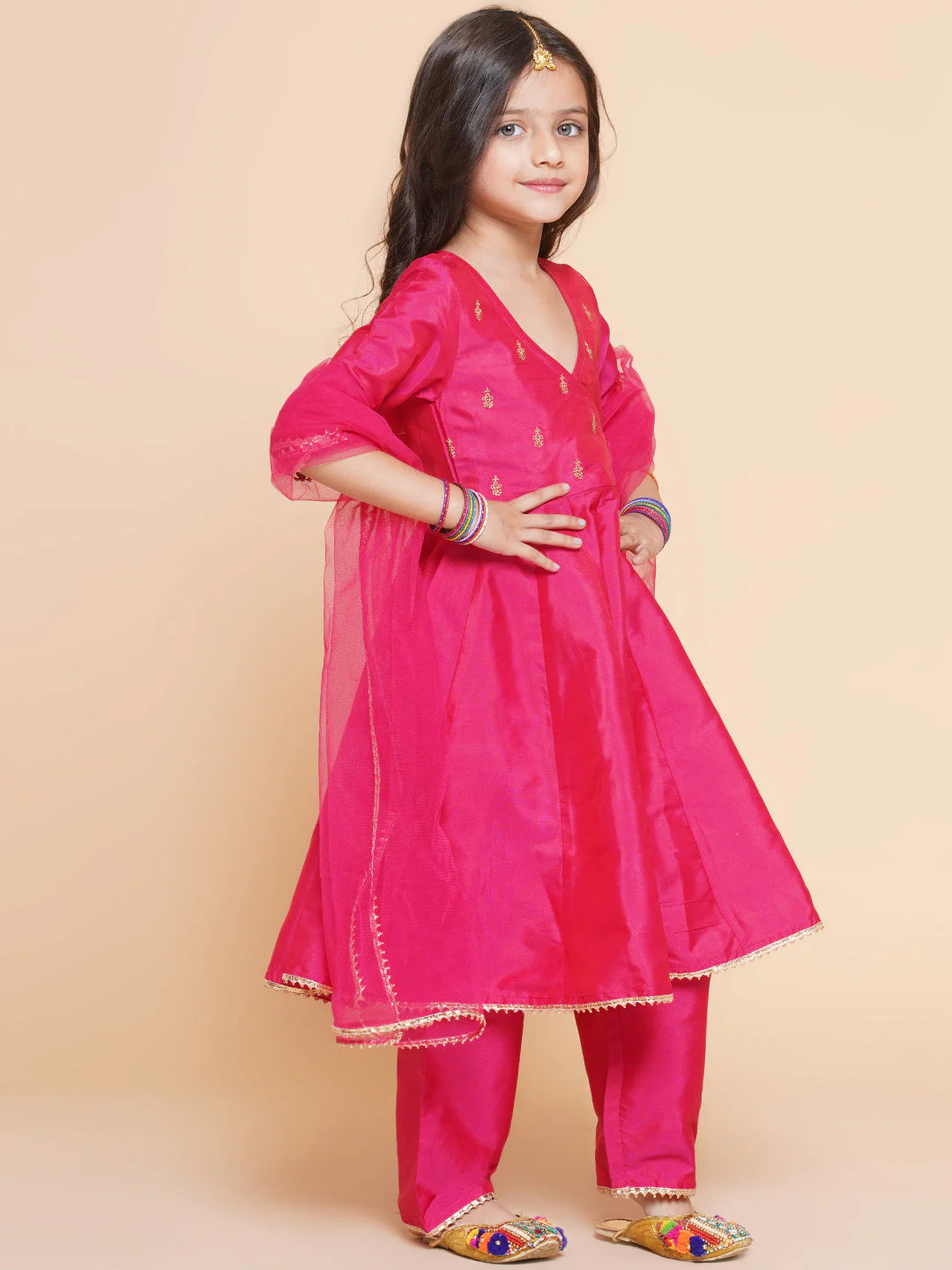 Girls Pink Embroidered Kurta With Trousers & With Dupatta