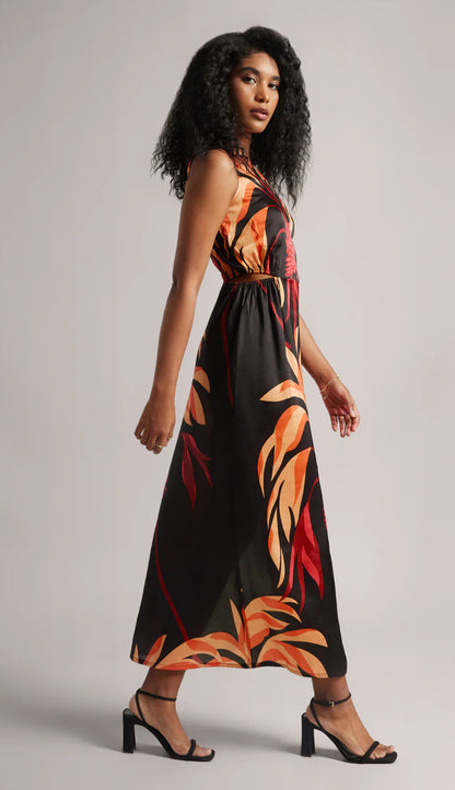 Black Satin Abstract Side Slit Maxi Dress