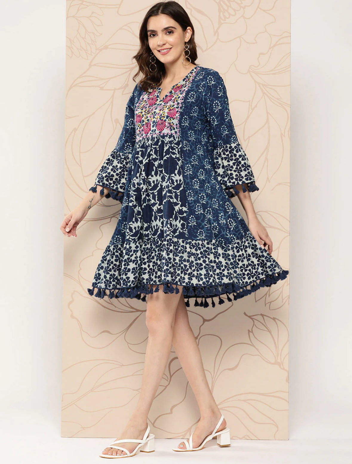 Blue Floral Embroidered Bell Sleeves With Pom-Pom Detail A-Line Dress