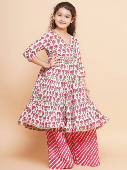 Girls Off-white Pink Printed Round- Neck Kurta with Plazzo with Dupatta