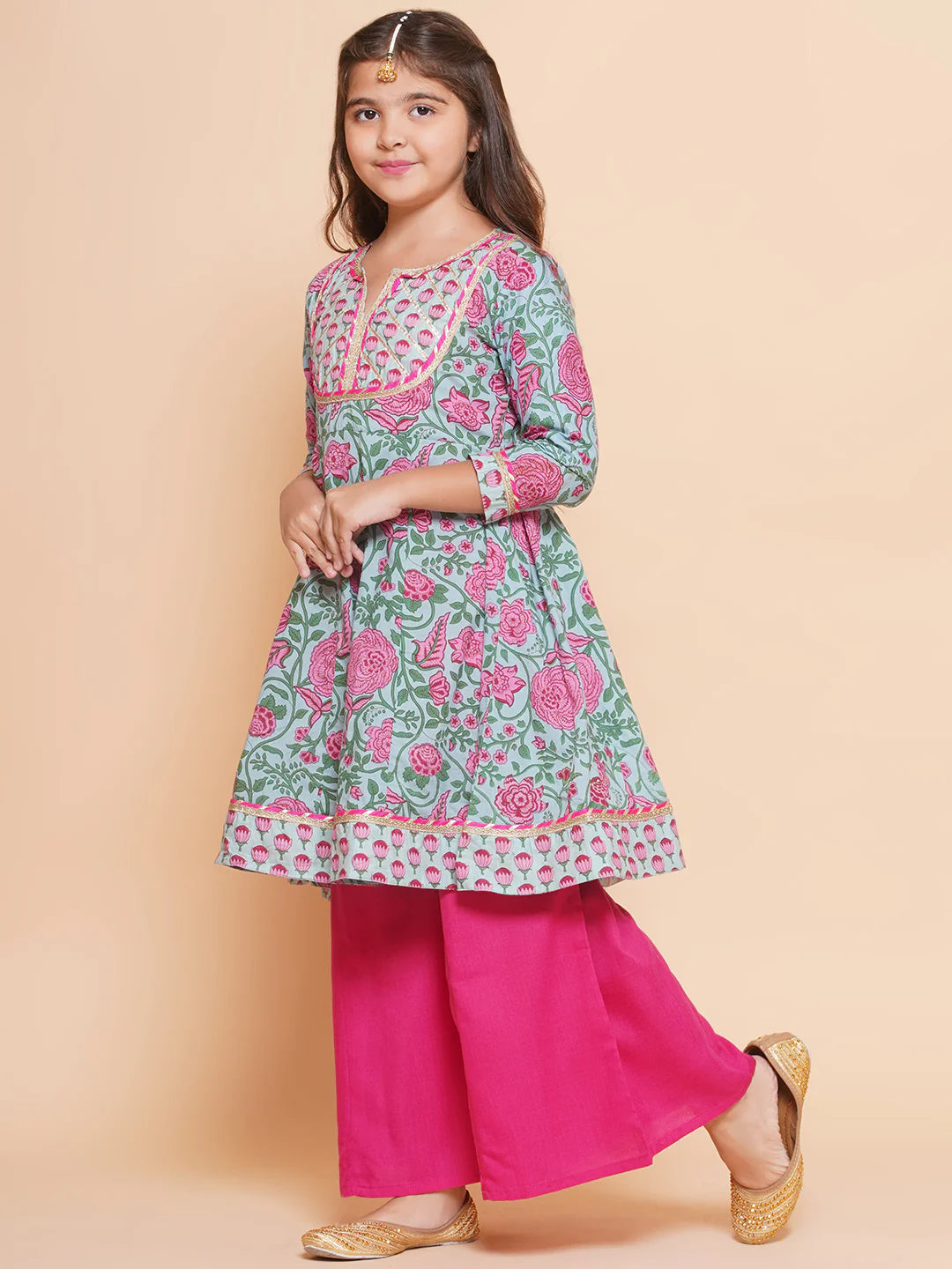 Girls Blue Pink Printed Anarkali Kurta & Palazzos