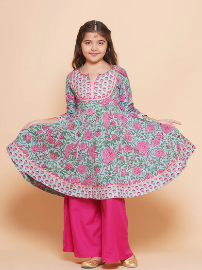 Girls Blue Pink Printed Anarkali Kurta & Palazzos