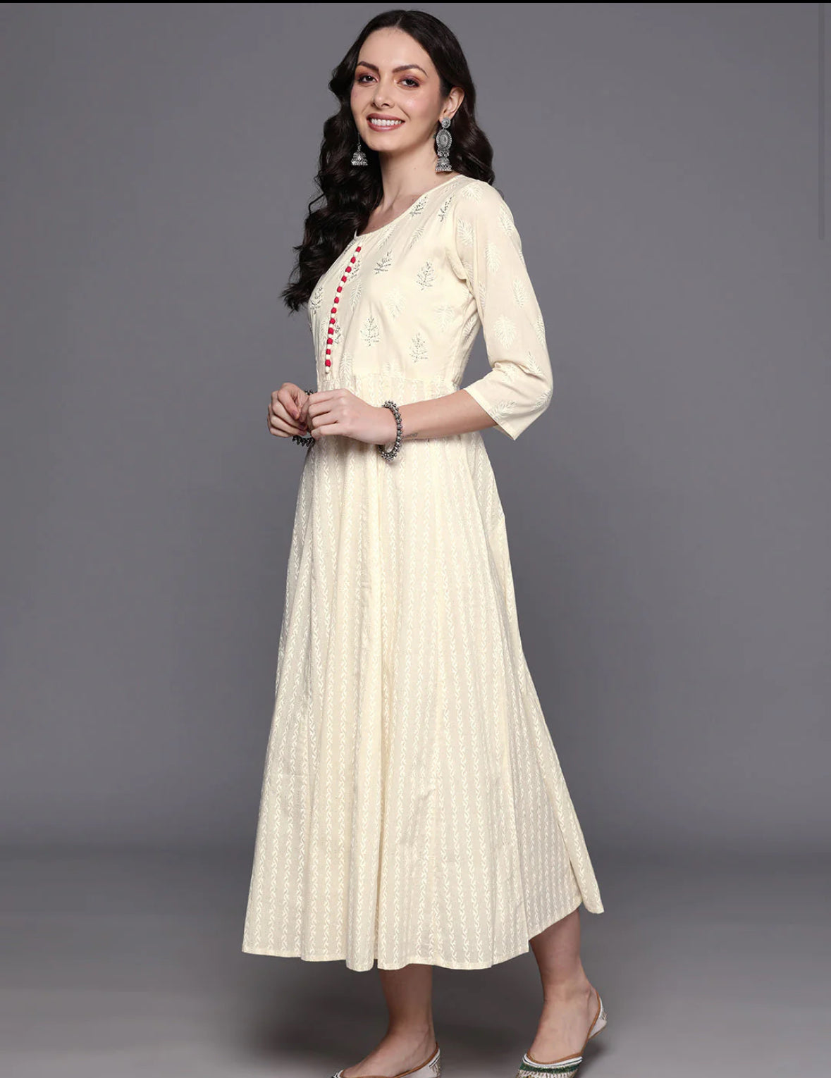 Off- White Floral Embroidered Anarkali Dress With Dupatta Set