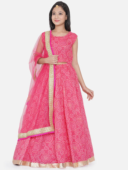 Girls Pink & White Printed Ready To Wear Lehenga & Blouse With Dupatta