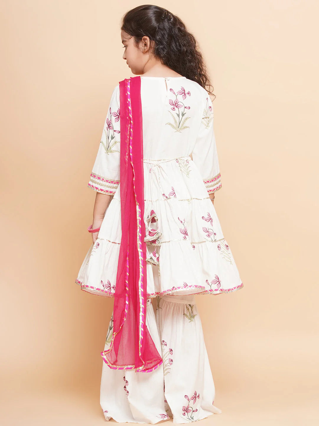 Girls Off-white Pink Printed Round- Neck Kurta with Sharara with Dupatta