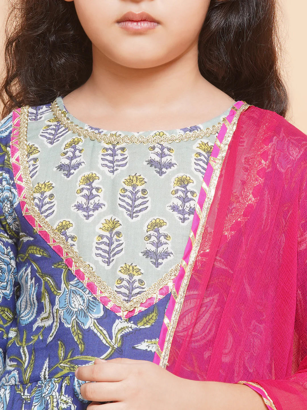 Girls Blue Floral Printed Round- Neck Kurta with Sharara with Dupatta