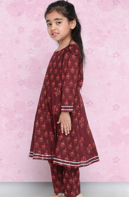 Girls Maroon Ethnic Motifs Printed Regular Kurta With Trousers