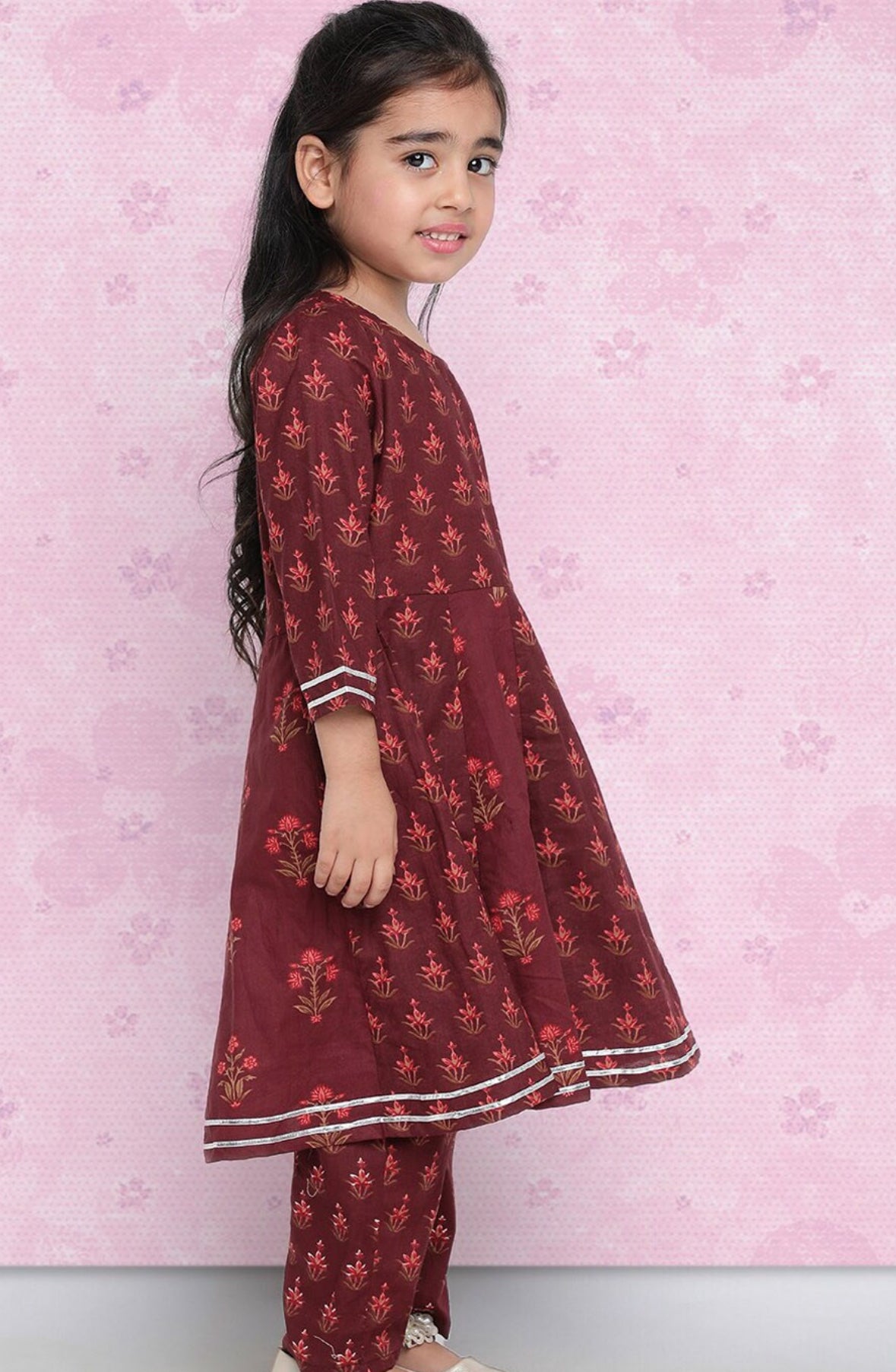 Girls Maroon Ethnic Motifs Printed Regular Kurta With Trousers