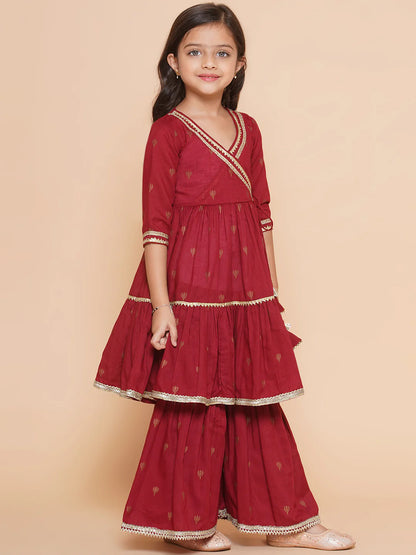 Girls Maroon Ethnic Motifs Printed Angrakha Gotta Patti Kurta Sharara & Dupatta