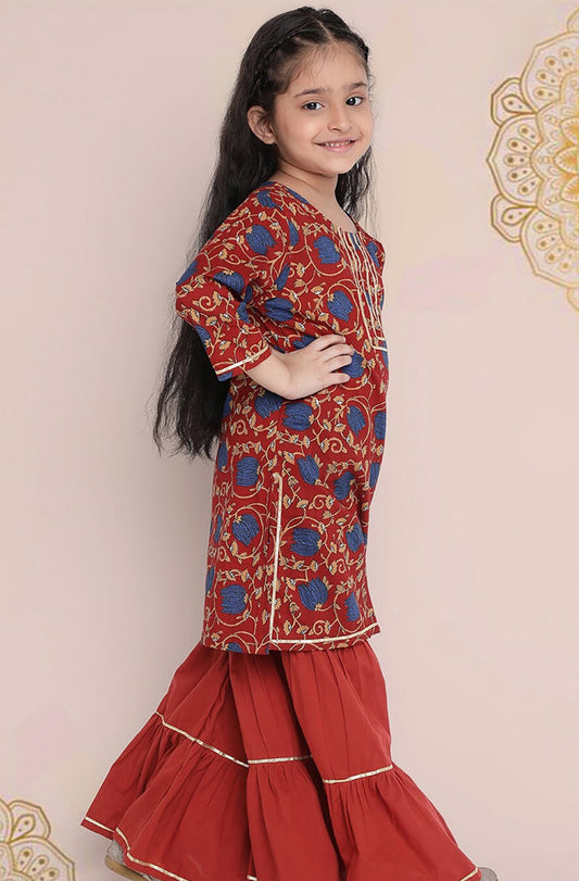 Girls Floral Printed Regular Gotta Patti Kurta With Sharara & Dupatta