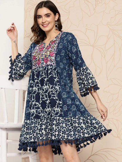 Blue Floral Embroidered Bell Sleeves With Pom-Pom Detail A-Line Dress