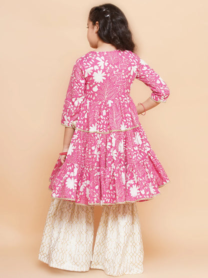 Girls Pink Printed Angrakha Tier Kurta with Sharara