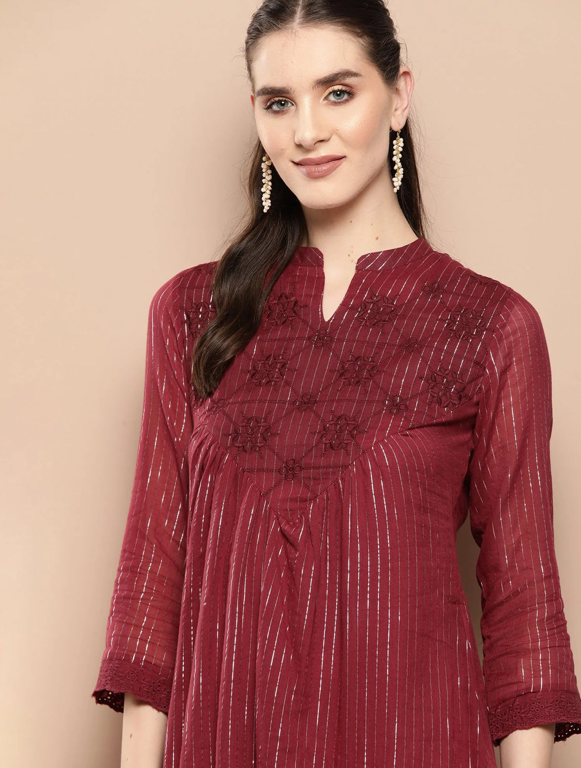 Maroon Embroidered A-line Dresses